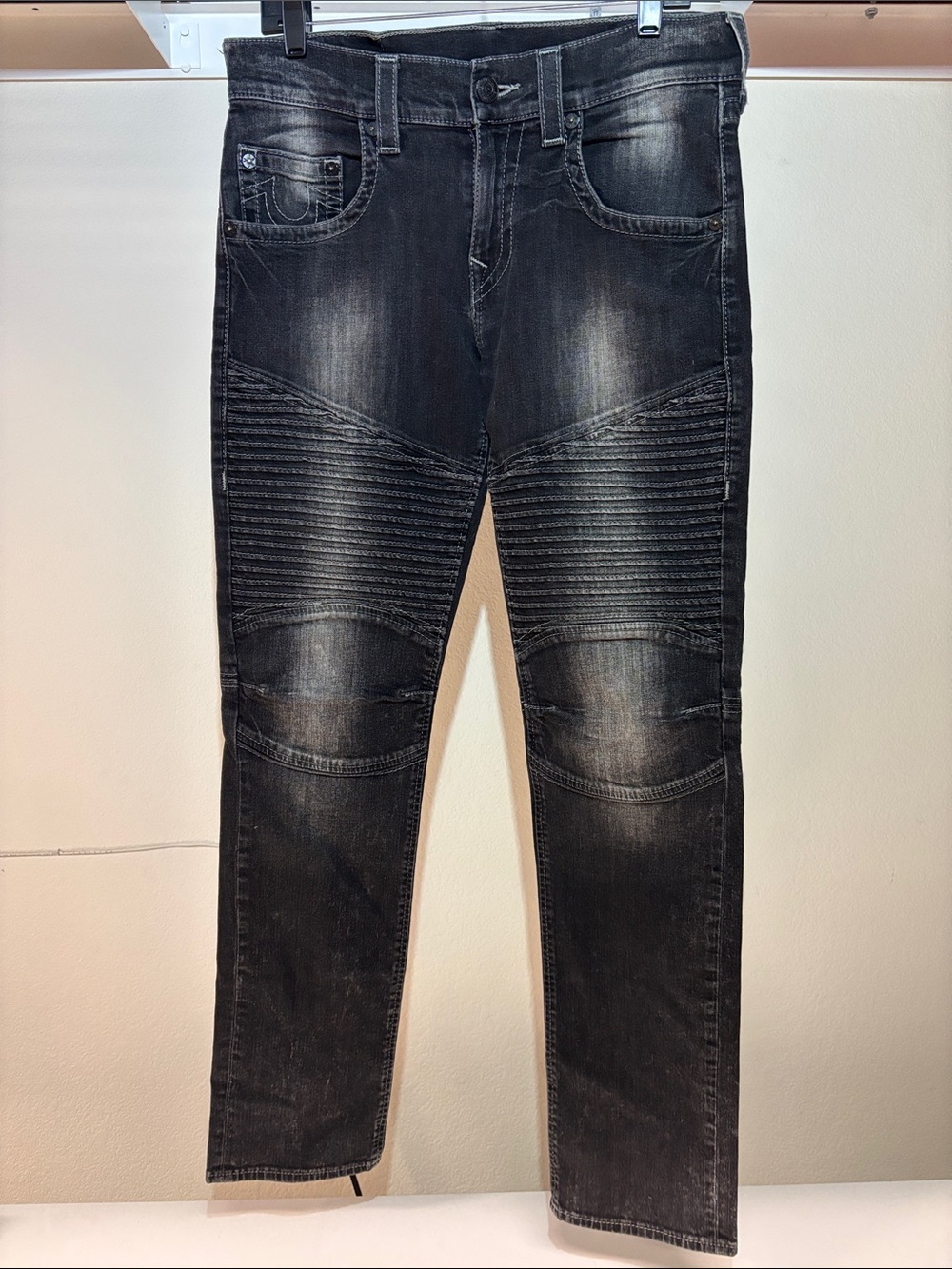 Men’s True Religion Black Pleated Slim Moto Skinny Jeans 32x32